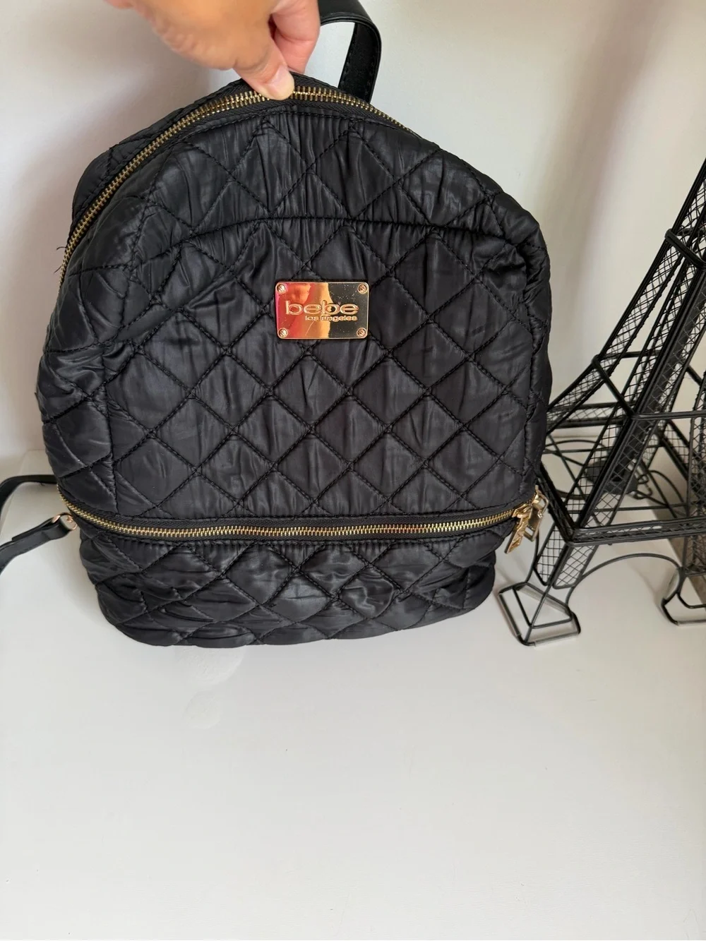 bebe Quilted Black Backpack with Gold-Tone Plate
